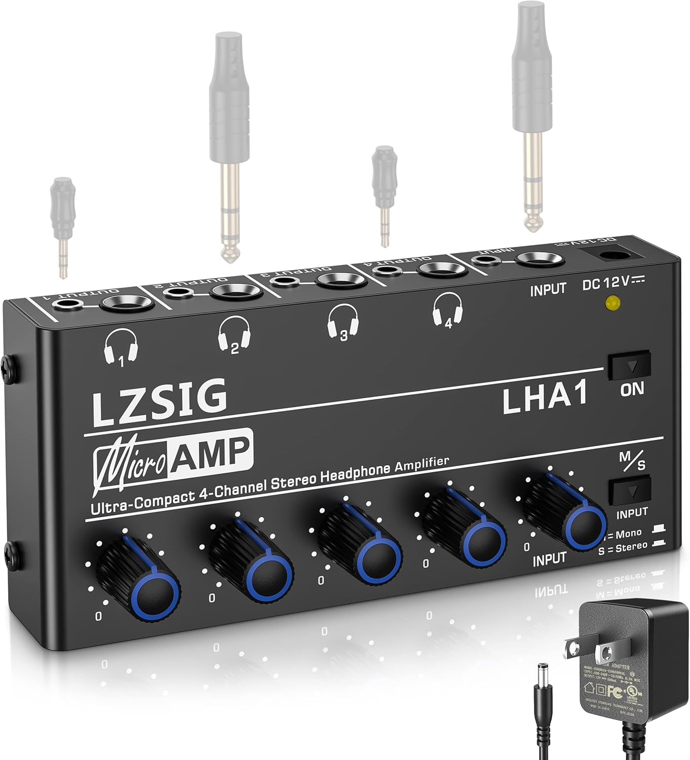 LZSIG Headphone Amplifier 4 Channel Metal Stereo Audio Amplifier,Mini Earphone Splitter with Power Adapter,1/4" & 1/8" TRS Headphones Output and TRS Audio Input for Sound Mixer,DC 12V