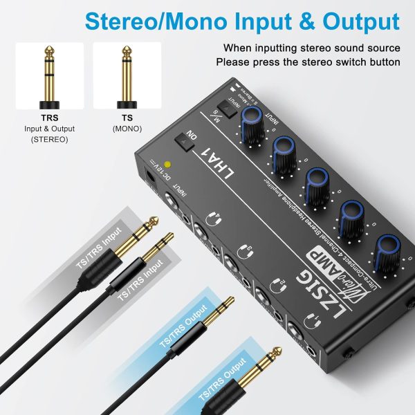 LZSIG Headphone Amplifier 4 Channel Metal Stereo Audio Amplifier,Mini Earphone Splitter with Power Adapter,1/4" & 1/8" TRS Headphones Output and TRS Audio Input for Sound Mixer,DC 12V - Image 5