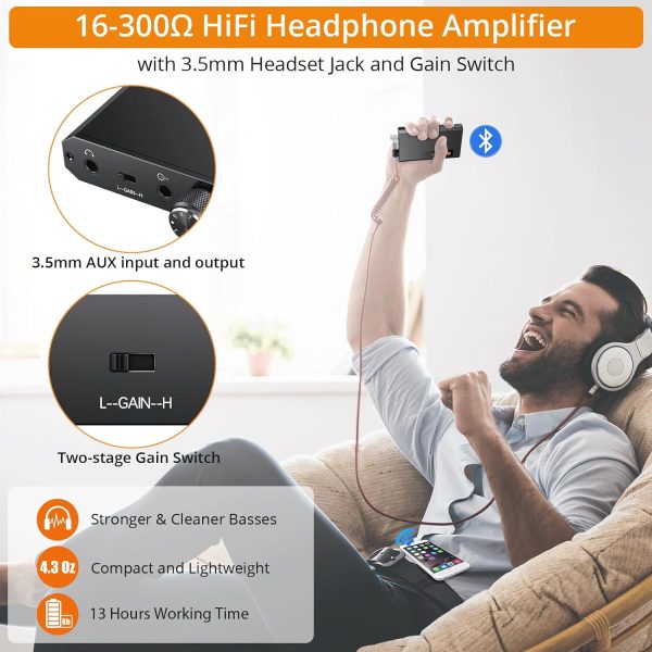 Neoteck Portable 3.5mm Headphone Amplifier with Bluetooth 5.0 Receiver, Two-Stage Gain Switch, 16-300 Ohm HiFi Earphone Amp, Aluminum Matte Surface - Image 2