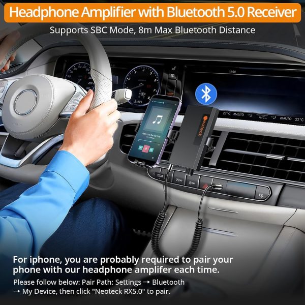 Neoteck Portable 3.5mm Headphone Amplifier with Bluetooth 5.0 Receiver, Two-Stage Gain Switch, 16-300 Ohm HiFi Earphone Amp, Aluminum Matte Surface - Image 3